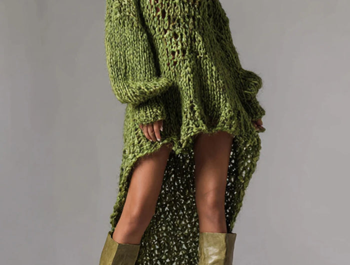 Ribbed knit dress with V-neck, deep neckline, loose fit, mini skirt with asymmetrical hem, street style, sexy, fashionable, party dresses for women