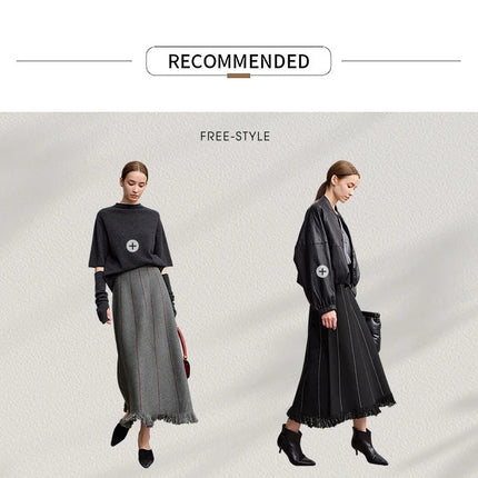 Amii Women's Skirt 2025 Winter New Knitting Striped Tassel A-Line Skirts For Women Versatile Loose Clothing Ladies 12544168 PlatiNum
