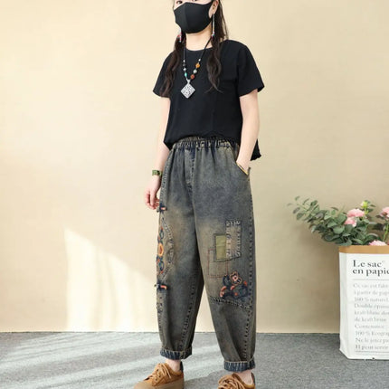 Jeans Ricamati Artistici Retrò da Donna, Nuovi Pantaloni Casual in Denim Elasticizzato a Vita Alta, Collezione Primavera Autunno 2026