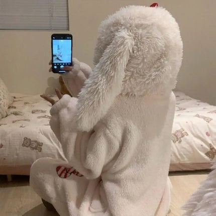 Rompers Onesies Anime Pajamas Y2K Kawaii Bow Rabbit Hooded Sleepwear Women Winter Thick Warm Fleece Sweet Cute Home Outfit Women