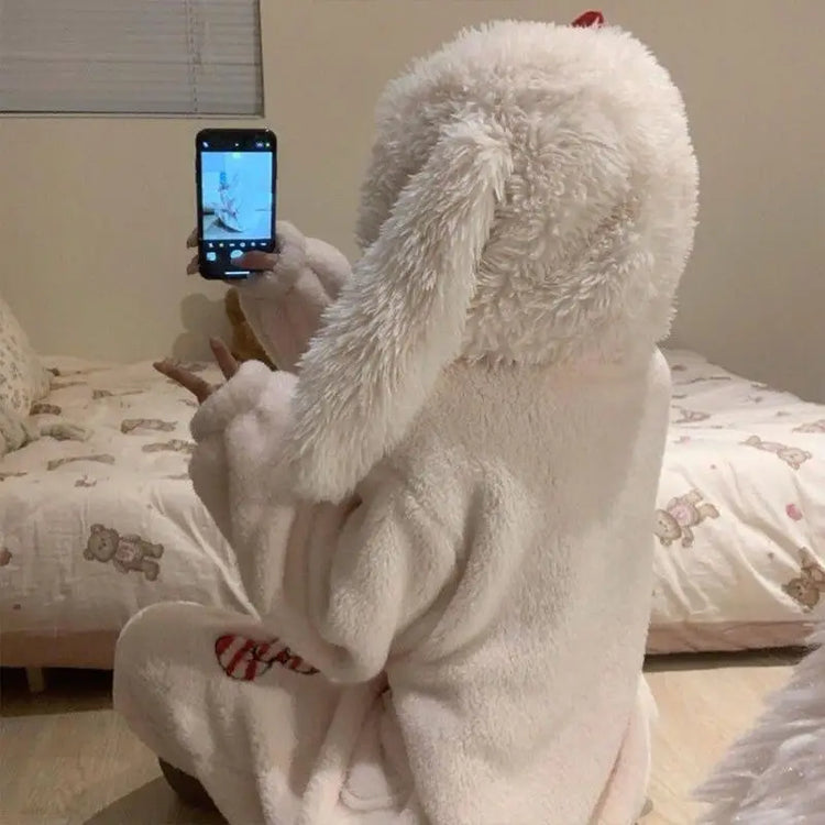 Rompers Onesies Anime Pajamas Y2K Kawaii Bow Rabbit Hooded Sleepwear Women Winter Thick Warm Fleece Sweet Cute Home Outfit Women