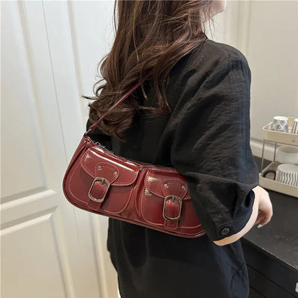 Fashion Pu Leather Women's Shoulder Bag Small Double Pocket Design Ladies Underarm Bags Y2k Vintage Female Handbags Clutch Purse PlatiNum