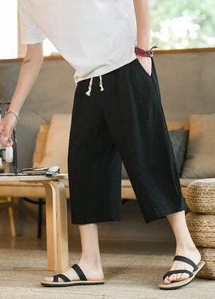 Pantaloni di lino da uomo in stile cinese Pantaloni a gamba larga da uomo con cavallo basso Pantaloni da uomo HipHop Pantaloni al polpaccio Pantaloni da pista Streetwear