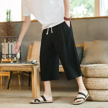 Pantaloni di lino da uomo in stile cinese Pantaloni a gamba larga da uomo con cavallo basso Pantaloni da uomo HipHop Pantaloni al polpaccio Pantaloni da pista Streetwear