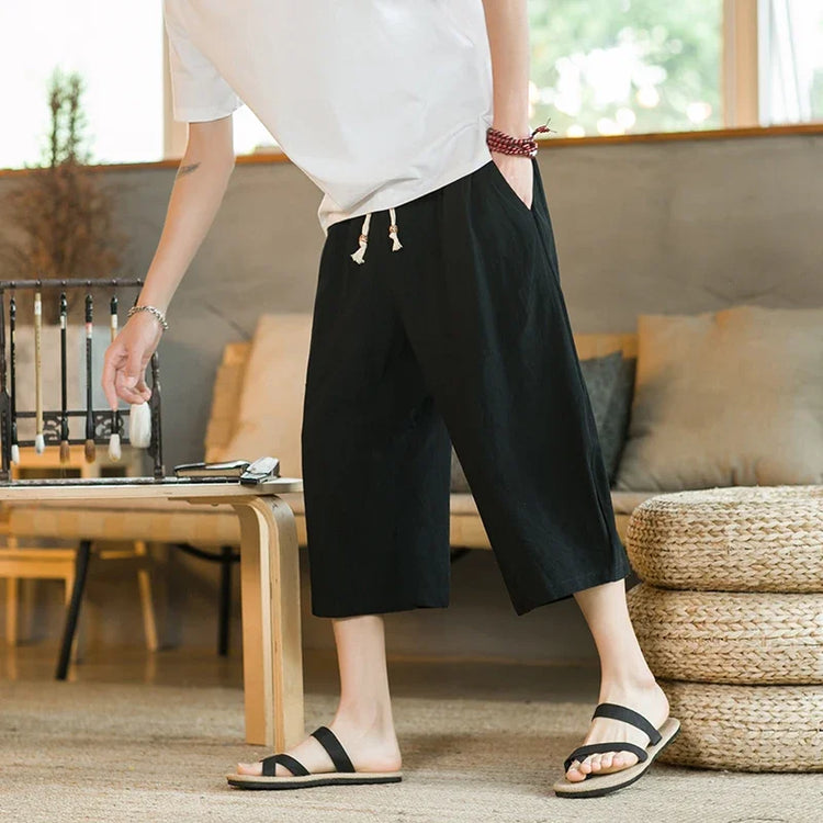 Pantaloni di lino da uomo in stile cinese Pantaloni a gamba larga da uomo con cavallo basso Pantaloni da uomo HipHop Pantaloni al polpaccio Pantaloni da pista Streetwear