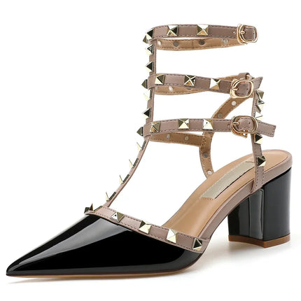 【Misurati la lunghezza dei piedi prima di ordinare】Sandali eleganti da donna con rivetti e cinturino alla caviglia, scarpe con tacco alto a blocco, modello 94-CHC-33