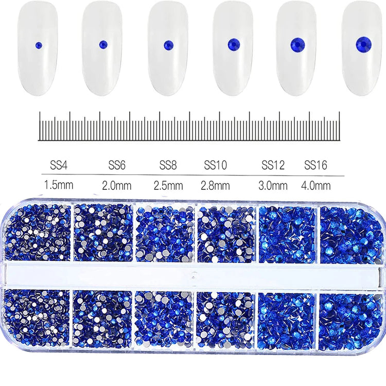12 Grids Mixed Size Nail Rhinestones SS6 to SS30 Shiny Clear Gold Pink Blue Flat Back Glass Gems for DIY Nail Art Manicure Decoration Supply