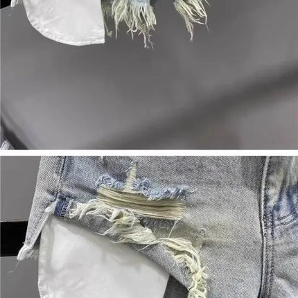 Tassel Piercing Denim Shorts for Women 2026 Summer New Style Spicy Girl High Waist Show Thin A-line Wide Leg Cowboy Short Pants PlatiNum