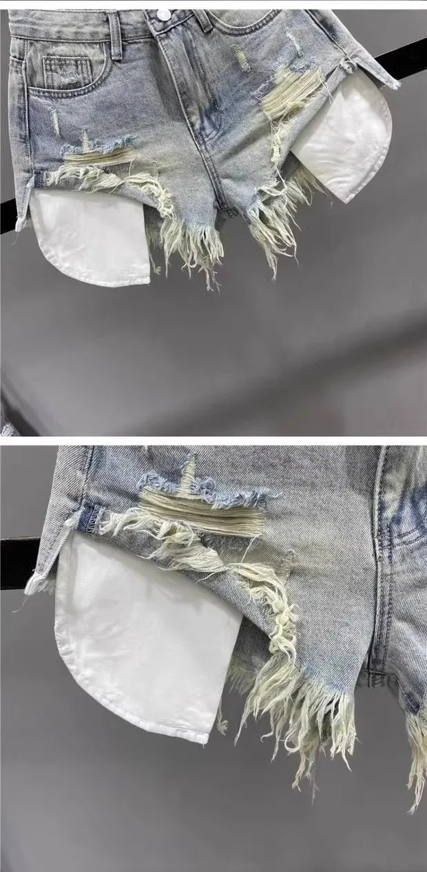 Tassel Piercing Denim Shorts for Women 2026 Summer New Style Spicy Girl High Waist Show Thin A-line Wide Leg Cowboy Short Pants PlatiNum