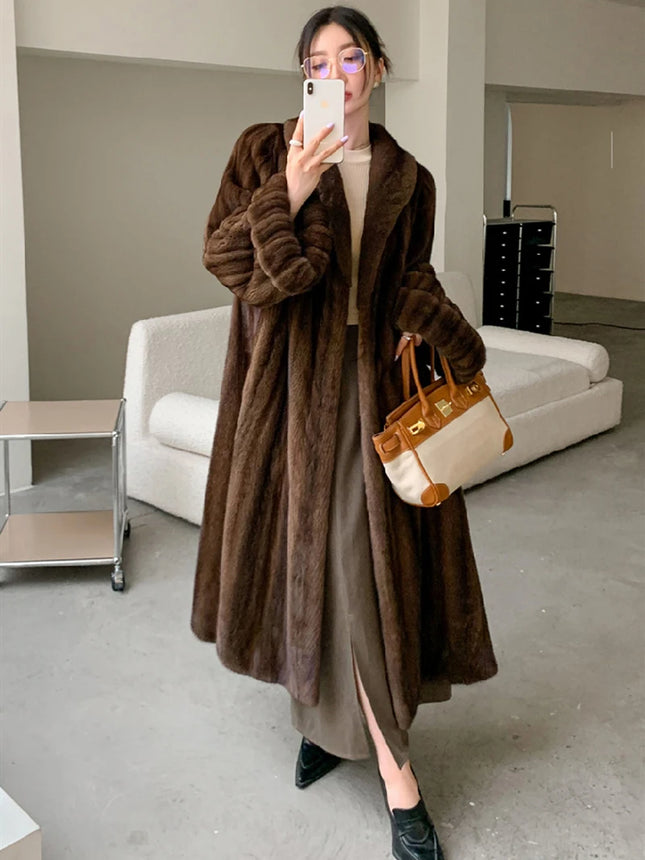 ZADORIN Luxury Designer Clothing Winter Mink Coat Woman Long Brown Faux Fur Coats Woman Chic Fluffy Fur Jacket Loose Outerwears