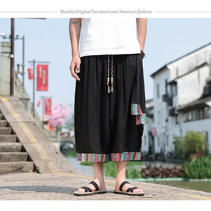 Pantaloncini kimono giapponese Costume da samurai in lino da uomo Ukiyo-e Cintura con stampa Pantaloni a gamba larga Retro Haori Pantaloni casual larghi Harajuku da uomo