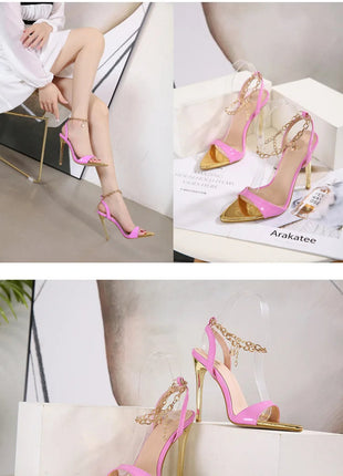 New Summer Sandals Women Fashion Gold Chain Ankle Strap Sexy Peep Toe Ladies Metal High Heels Sandals Woman Party Shoes Pumps PlatiNum