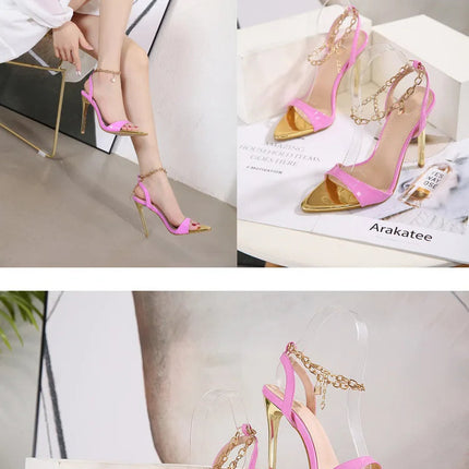 New Summer Sandals Women Fashion Gold Chain Ankle Strap Sexy Peep Toe Ladies Metal High Heels Sandals Woman Party Shoes Pumps PlatiNum