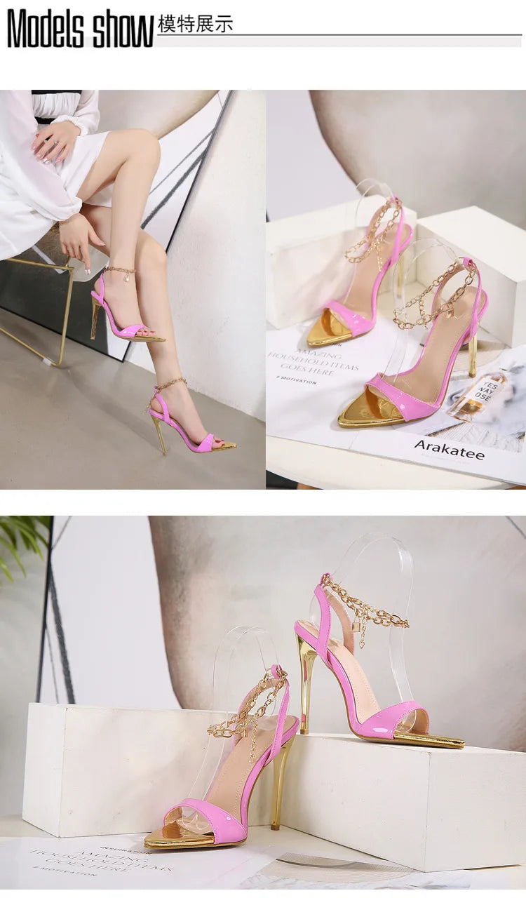 New Summer Sandals Women Fashion Gold Chain Ankle Strap Sexy Peep Toe Ladies Metal High Heels Sandals Woman Party Shoes Pumps PlatiNum
