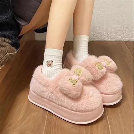 New Pink Bow Slippers Winter Women's Shoes Thick Sole Fuzzy Slippers for Home Mules Shoes Woman Fluffy Metal Bear House Slipper