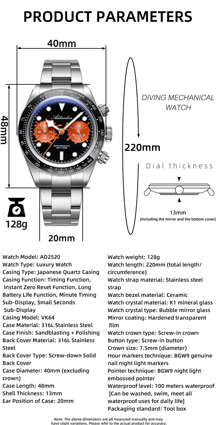 ADDIESDIVE VK64 Watches Men New Quartz Wristwatch Luxury Ceramic Bezel Chronograph BGW9 Luminous Diving 100m Waterproof AD2520