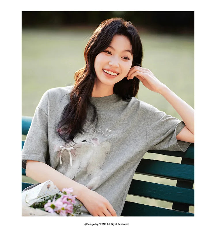 T-shirt lunga Semir con fiocco da donna, vestibilità ampia in cotone, nuova collezione estiva 2025, top grafico carino per ragazze adolescenti