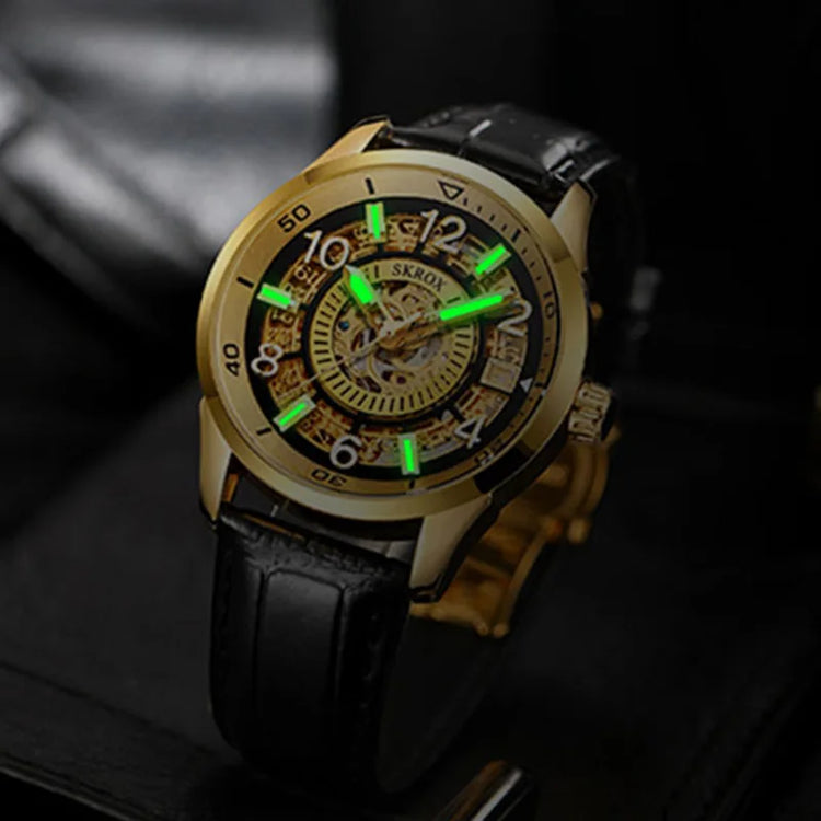 SKROX Original Gold Skeleton Automatic Movement Men's Watch Mechanical Waterproof Male Wrist Watches Leather Strap Luxury Clock