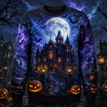 Fashion Castle Ghost Cat Pumpkin Graphic Halloween Sweatshirts Trendy Holiday Wear Long Sleeve Sweater Loose Breathable Pullover