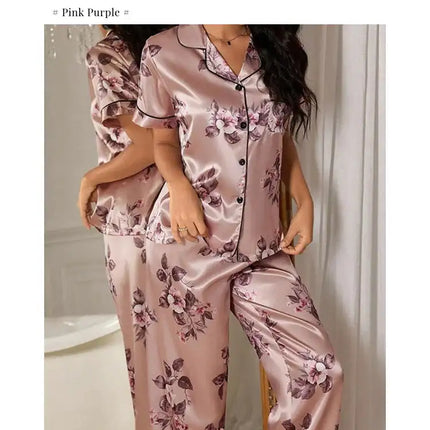 Pigiama da donna elegante pigiameria in raso Pj Set stampa floreale bottoni manica corta risvolto top e pantaloni lunghi indumenti da notte vestiti per la casa platinumshop