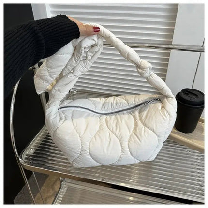 Puffer Shoulder Bag for Women Soft Down Cotton Padded Tote Handbag Purse Quilted Cross Body Bag Solid Color Bubbles Cloud Bag PlatiNum