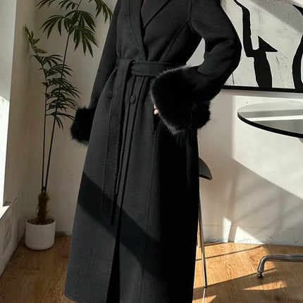 Autumn Winter Korean High-end Real Fox Fur Sleeves Women Black Slim Fit Waist Cinched Double-sided Wool Coat Long Woolen Coat