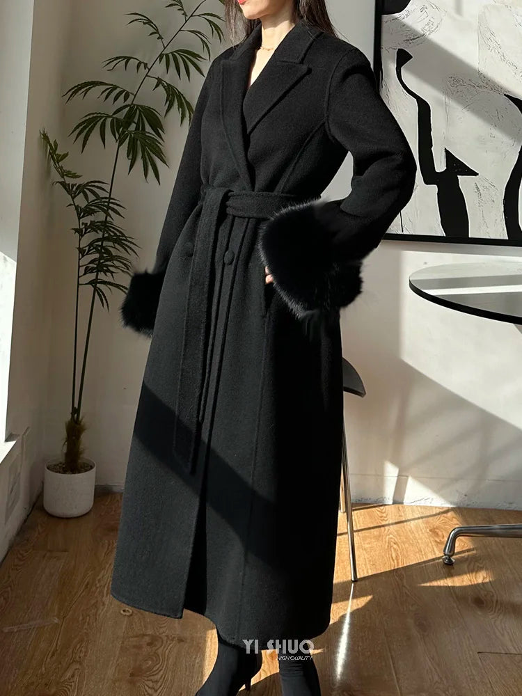 Autumn Winter Korean High-end Real Fox Fur Sleeves Women Black Slim Fit Waist Cinched Double-sided Wool Coat Long Woolen Coat