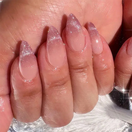 24Pcs Medium Almond Nude‑Pink 3D Textured Metallic Cat‑Eye French Sheer Press‑On False Nails For Nail Art Decor