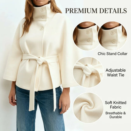Women's Cape Coat Elegant Stand Collar Belted Solid Color Button Down Autumn Winter Jacket