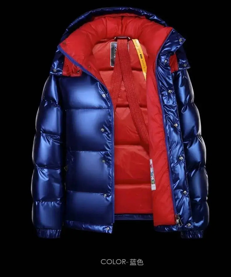 New Winter Shiny Jackets, Men's Short Trendy Brand Hooded Thickened And Warm Outerwear 90% White Duck Down