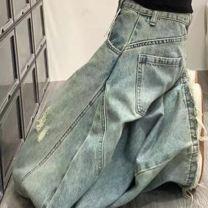 Jeans Vintage a Vita Alta con Effetto Invecchiato per Donna, Pantaloni Larghi a Gamba Dritta e Lunga per Primavera e Autunno