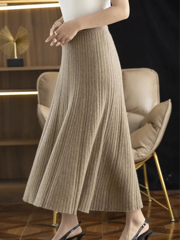 Elegant Women's Pleated Skirt 100% Merino Wool Skirt A-Line Long Skirt Soft Warm Autumn Winter Dress Slim Elastic Waist Office PlatiNum