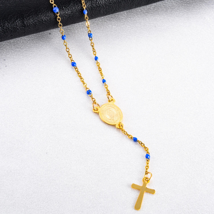 Gesù Croce in Acciaio Inossidabile Rosario Cristiano Cattolico Religioso Larghezza 1.5mm Smalto Satellite Perline Cavo Collana a Catena a Maglia PlatiNum