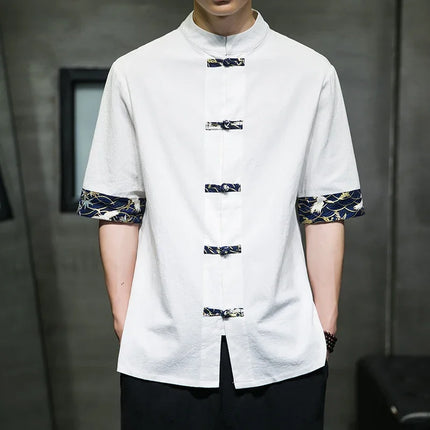 Camicia Kimono giapponese da uomo cinese retrò stampa casual cotone lino cuciture top a maniche corte estate uomo di alta qualità streetwear
