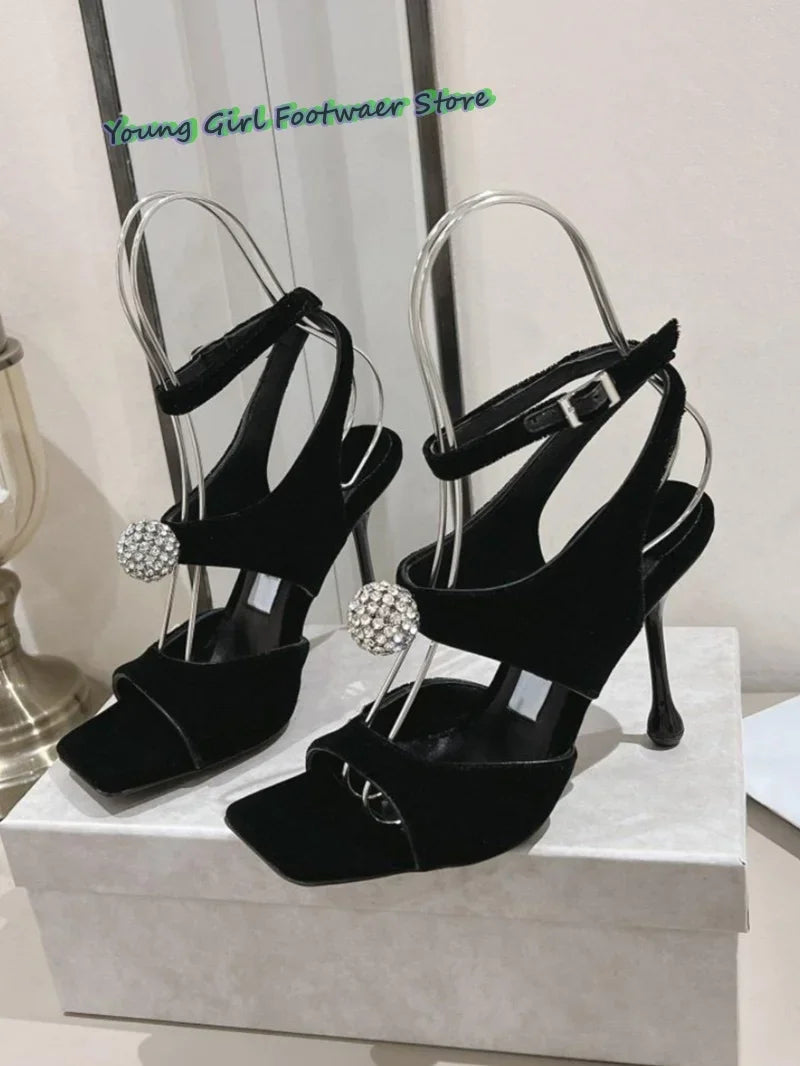 One-Button Rhinestone-Encrusted Sandals Square Head With Exposed Toes Elegant High Heels Burgundy Heels Women's Luxury Sandals