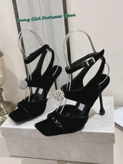 One-Button Rhinestone-Encrusted Sandals Square Head With Exposed Toes Elegant High Heels Burgundy Heels Women's Luxury Sandals