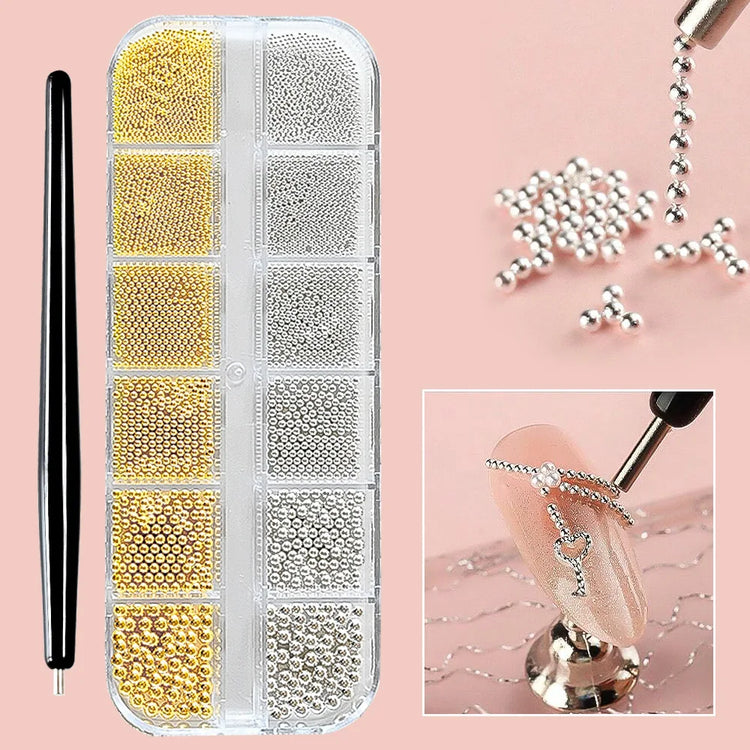 12Grid Metal Micro Caviar Beads Nail Art Charms, Gold Silver Mini Balls, 3D Nail Gem Decor with Magnetic Pen for DIY Nail Decoration