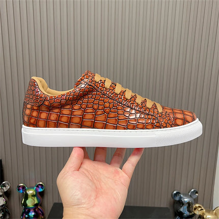 Leather Sneakers Men Calfskin Alligator Pattern Casual Shoes Lace Up Flats Daily Footwear