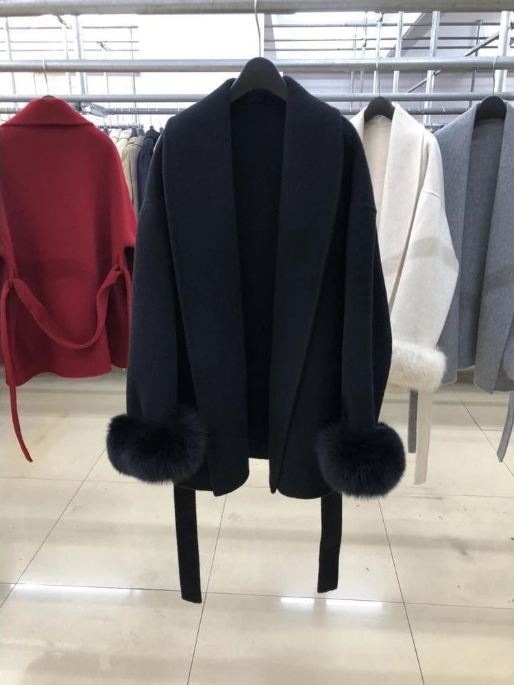 Faux Grey Elegant Casual Winter Belted Mid-Length Overcoat Women's Fashion Outerwear Warm Coat 2025 Fashion Cardigan Jacket