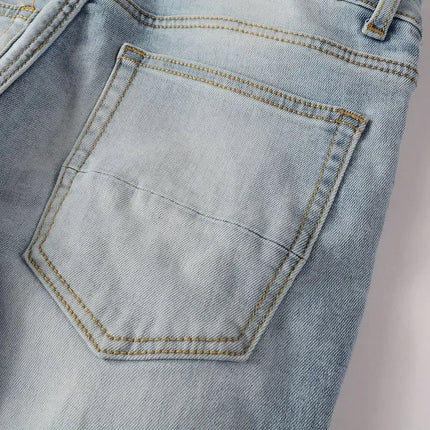 High Street Jeans Patch Hand-worn Holes Slim Skinny Jeans for Men PlatiNum