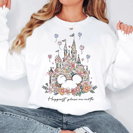 Aesthetic Floral Castle Sweatshirt Vintage Castle Hoodie Happiest Place on Earth Pullover Trendy Women Long Sleeves Sweatshirts