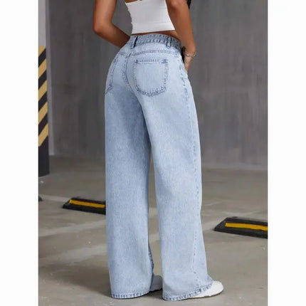 Jeans a gamba dritta a vita alta lavati blu da donna americana Jeans larghi con tasche frontali e posteriori adatti per l'abbigliamento casual quotidiano