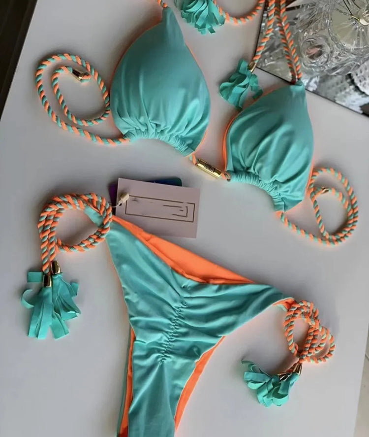 Nuovo Bikini da Donna Multicolore con Triangolo e Laccetti sulla Schiena platinumshop