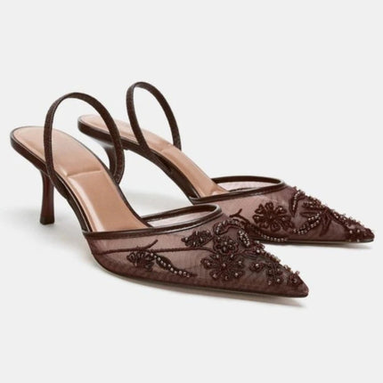 Sexy Pointed Toe Mesh Embroider High Heels for ladies Elegant String Bead pumps Summer Luxury Designer Shoe Brown Heeled Sandals PlatiNum