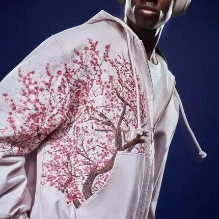 Harajuku American Retro Sakura Embroidery Pink Hoodie Y2K Jacket Men Women Oversized Gothic Streetwear Casual Fashion Outerwear