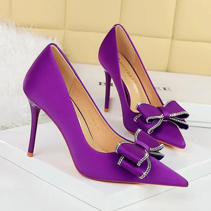 BIGTREE New Fashion Women Dress Shoes 10cm tacchi alti Shallow Toe Crystal Butterfly Knots Lady Red Silk Shoes taglia 34-40