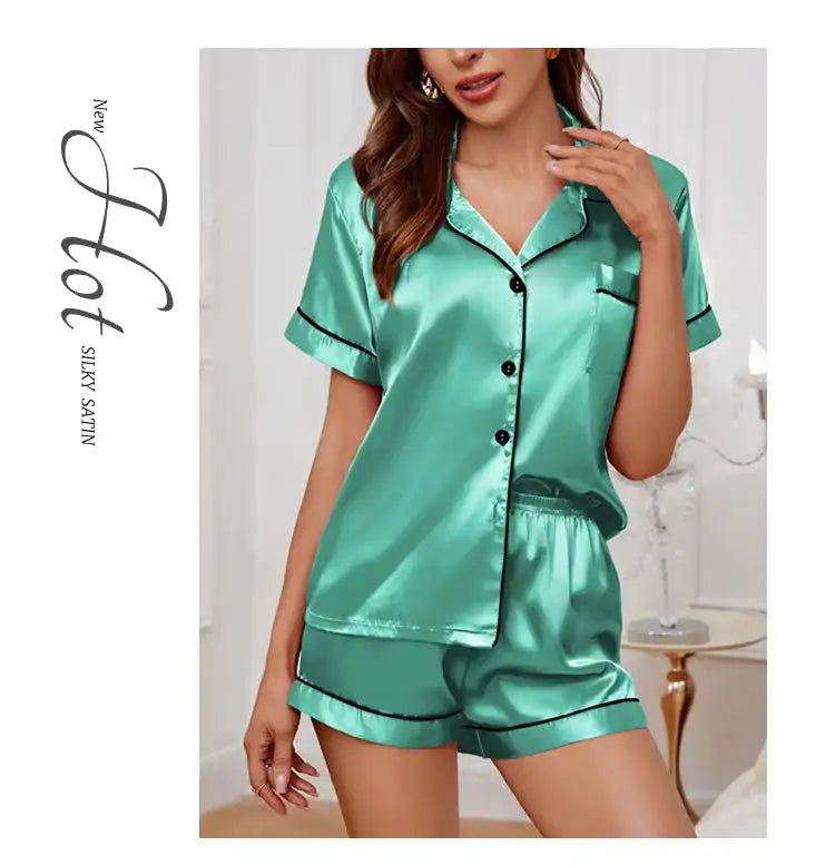 Pigiama da donna in raso di seta estivo Set Top e pantaloncini abbottonati 2 pezzi indumenti da notte colletto dentellato indumenti da notte Loungewear per le donne platinumshop