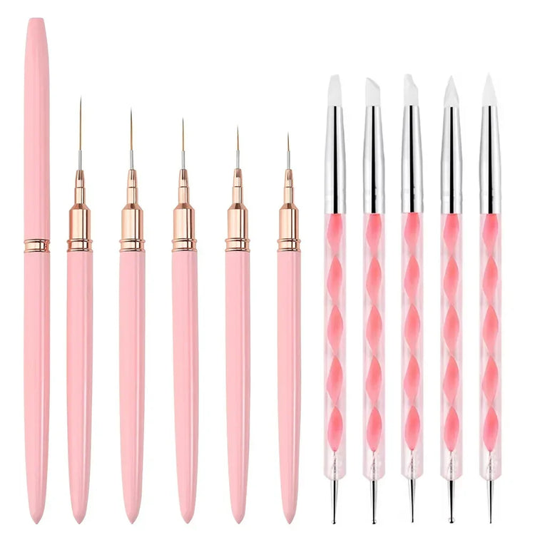 10Pcs Nail Liner Brush Set UV Gel Nail Brushes Kits Silicone Point Flower Nail Pen French Stripe Line Painting Drawing Tools