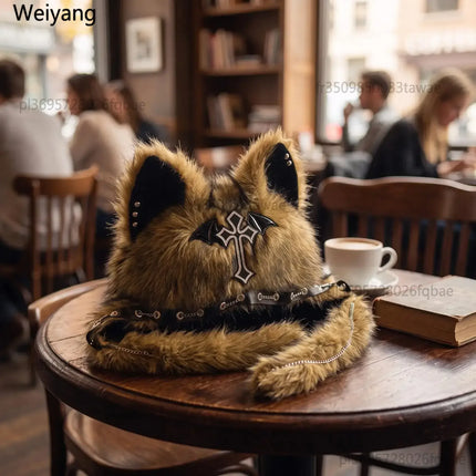 Fuzzy Faux Fur Cat Ear Ear Flap Hat, Gothic Edgy Design Plush Headwear, Fashion Warm Hat for Teens Cosplay & Daily Matching