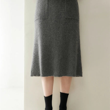 Yoyoselect 100% Cashmere Women's Skirts Autumn Winter Mid Calf Length Knitted Skirt Soft Versatile Quality OL Skirts Clothing PlatiNum